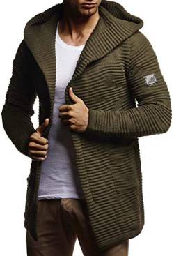 Leif Nelson Herren Strickjacke lang mit Kapuze & Reißverschluss (Khaki, Größe L) - Strick Sweatjacke Männer Cardigan für Winter von Leif Nelson