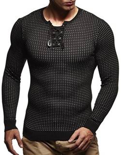 Leif Nelson Herren dünner Strick-Pullover Rundhals-Ausschnitt Slim Fit Winter Sommer Moderner Männer Winterpullover Wollpullover Langarm Crew Neck Feinstrick LN1605 Schwarz-Ecru X-Large von Leif Nelson