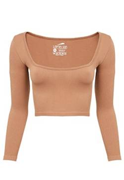 Leif Nelson Sport BH Damen Crop Top Bauchfrei Seamless ärmellos Fitness T-Shirt Mädchen Sport Shirt Yoga Kurzarmshirts LN-8425 Braun XS/S von Leif Nelson