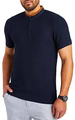 Leif Nelson T-Shirt Herren Feinstrick Sommer Grandad Kragen Basic Männer Shirt Crew Neck Jungen Kurzarmshirt Kurzarm Sleeve LN7705 Blau Größe L von Leif Nelson