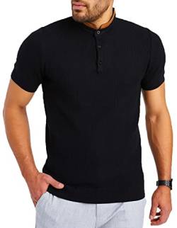 Leif Nelson T-Shirt Herren Feinstrick Sommer Grandad Kragen Basic Männer Shirt Crew Neck Jungen Kurzarmshirt Kurzarm Sleeve LN7705 Schwarz Größe XL von Leif Nelson