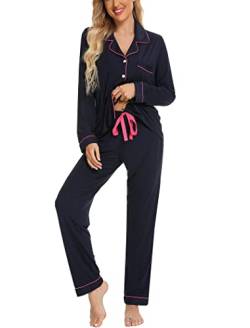 Leikar Button Up Pyjama Set Für Frauen Langarm Shirt und Pyjamahose Weiche Pjs Lounge Sets S-XXL, Marineblau-rosa Seite, L von Leikar