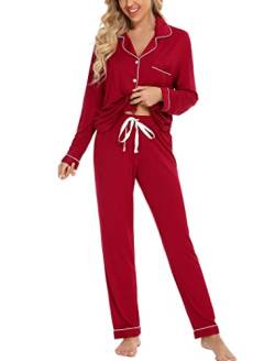 Leikar Button Up Pyjama Set Für Frauen Langarm Shirt und Pyjamahose Weiche Pjs Lounge Sets S-XXL Rot von Leikar