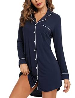 Leikar Nachthemden für Frauen Knopfleiste Pyjama Kleid Kurzarm Nachtwäsche S-XXL, Langarm-Marineblau, Größe L von Leikar