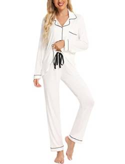 Leikar Pyjama-Set mit Knopfleiste für Damen, langärmeliges Hemd und Pyjamahose, weiche Pyjama-Sets, Weiss/opulenter Garten, S von Leikar