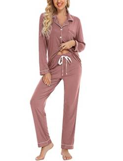 Leikar Pyjama-Set mit Knopfleiste für Damen, langärmeliges Hemd und Pyjamahose, weiche Pyjama-Sets, Ziegelrot, L von Leikar