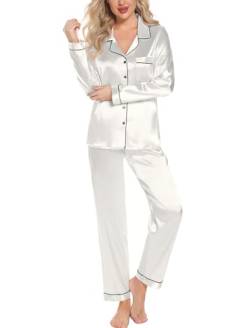 Leikar Seiden-Pyjama, langärmelig, Pyjama-Sets für Damen, weich, Button-Down-Pyjama-Set, weiß, Größe S von Leikar