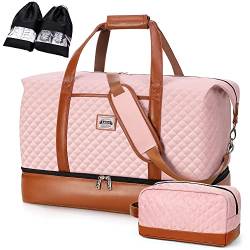 Lekespring Doppellagige Reisetasche Handgepäck Leder Reisetasche Weekender Damen mit Schuhfach 50L, Rosa Gesteppt von Lekespring