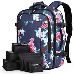 Lekespring Große Rucksack Handgepäck für Damen Herren, 17 Zoll Laptop Rucksack Reiserucksack mit 6 Teilige Kleidertaschen-Packing Cubes für Urlaub Business Arbeit, Blaue Blumen von Lekespring