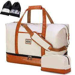 Lekespring Reisetasche Weekender Damen Groß mit Nassfach Schuhfach, 50L Doppellagige Reisetasche Handgepäck Kliniktasche mit Kulturbeutel und 2 Schuhsäcken, Beige von Lekespring