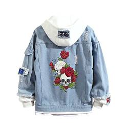 Lemany Damen Kapuzenpullover mit Totenkopf-Denim Gewaschener Denim Distressed Trucker Jacke Kapuzenpullover mit Totenkopf Oberbekleidung Mäntel, XXL von Lemany