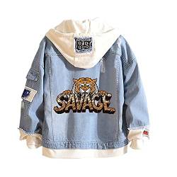 Lemany Tiger Denim Hoodie Jean False Zweiteilige Denim Jackenmäntel Button Down Hoodie Sweatshirts für Teen Adult von Lemany