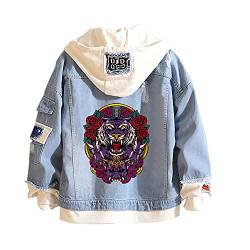 Lemany Tiger Denim Hoodie Jean False Zweiteilige Denim Jackenmäntel Button Down Hoodie Sweatshirts für Teen Adult von Lemany