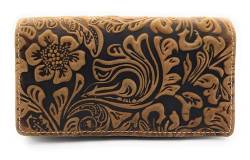 Echt Leder Damen Geldbörse mit RFID Schutz, geprägtes Vollrindleder Florale Motive, Ranken und Blüten Cognac braun von Lemasi