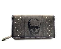 Lemasi Damen Geldbörse mit Nieten naturbelassenes Hunterleder Portemonnaie mit RFID Schutz Totenkopf (Grau Damen Totenkopf) von Lemasi