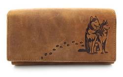 echt Leder Damen Geldbörse Portemonnaie Huskies Husky Hunde mit RFID NFC Schutz (Husky Cognac lang) von Lemasi