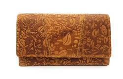 echt Leder Damen Geldbörse Portemonnaie floral geprägt mit RFID/NFC Schutz (Cognac) von Lemasi