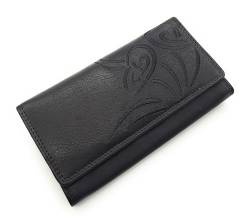 echt Leder Damen Geldbörse Portemonnaie mit RFID Schutz Calla mit Blütenstickerei (Schwarz) von Lemasi