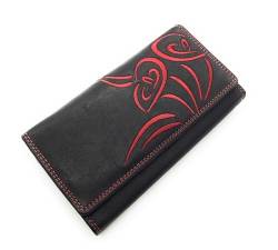 echt Leder Damen Geldbörse Portemonnaie mit RFID Schutz Calla mit Blütenstickerei (Schwarz Rot) von Lemasi