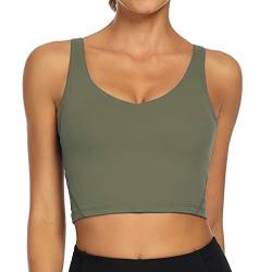 Lemedy Damen Sport-BH, lang, bauchfrei, Tanktop, gepolstert, Workout, Laufen, Yoga, olivgrün, L von Lemedy