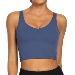 Lemedy Damen Sport-Bustier, langes, bauchfreies Tank-Top, gepolstert, Workout, Laufen, Yoga - Blau - Medium von Lemedy