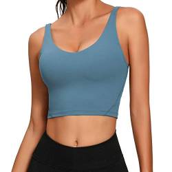 Lemedy Damen Sport-Bustier, langes, bauchfreies Tank-Top, gepolstert, Workout, Laufen, Yoga - Blau - X-Large von Lemedy