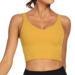 Lemedy Damen Sport-Bustier, langes, bauchfreies Tank-Top, gepolstert, Workout, Laufen, Yoga - Gelb - Large von Lemedy