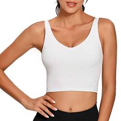 Lemedy Damen Sport-Bustier, langes, bauchfreies Tank-Top, gepolstert, Workout, Laufen, Yoga - Weiß - X-Large von Lemedy