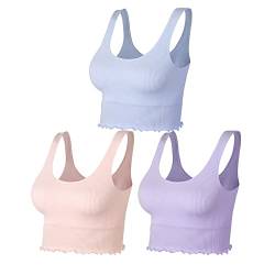 Lemef Damen Crop Tops Ribbed Sport BH Ohne Bügel Yoga Sport Tops Keine Gepolstert 3 Stück Rosa,Lila,Blau, XL von Lemef