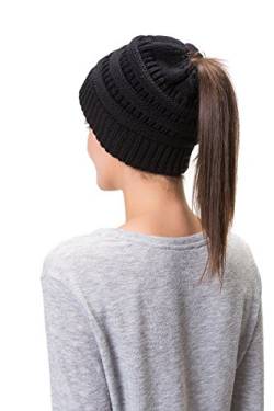 Lemef Damen Wintermütze Mütze Beanie Hat Cap Gestrickte mit Zopfloch Pferdeschwanz, Black, Einheitsgröße von Lemef