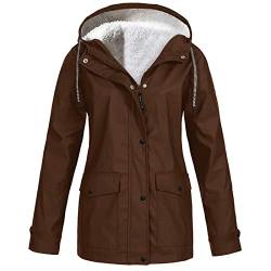 Lemoiitea Damen Winter Plus Samt Regenjacke Mode Einfarbig Outdoor Warme Jacken Winddicht Reißverschlusstaschen Kapuze Regenmantel Wasserdicht Windbreaker für Wandern Radfahren, braun, 52 von Lemoiitea