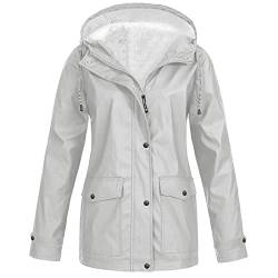 Lemoiitea Damen Winter Plus Samt Regenjacke Mode Einfarbig Outdoor Warme Jacken Winddicht Reißverschlusstaschen Kapuze Regenmantel Wasserdicht Windbreaker für Wandern Radfahren, grau, 52 von Lemoiitea