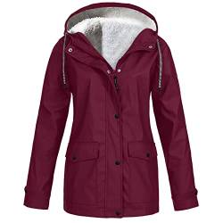 Lemoiitea Damen Winter Plus Samt Regenjacke Mode Einfarbig Outdoor Warme Jacken Winddicht Reißverschlusstaschen Kapuze Regenmantel Wasserdicht Windbreaker für Wandern Radfahren, wein, 38 von Lemoiitea