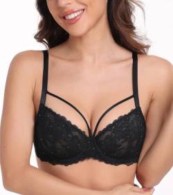 Lemorosy Damen Minimizer BH Vollschalen Ungepolster Floraler Spitze BH Plus Size Unterwäsche BH Große Größen(Schwarz,70E) von Lemorosy