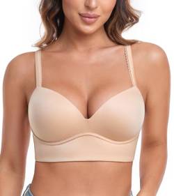 Lemorosy Damen Push Up BH Bügellos Gepolstert Tief V-Ausschnitt Soft Bustier(Beige,32B) von Lemorosy