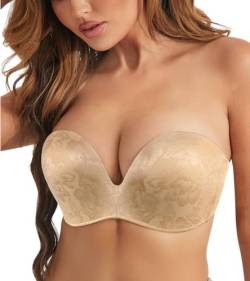 Lemorosy Damen Push Up Trägerloser BH Komfort Bügellos Flügeldesign(Jacquard Beige,85A) von Lemorosy