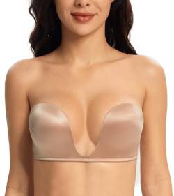 Lemorosy Damen Trägerloser BH Push Up U Bügel Komfort Gepolstert Rückenfrei Bra mit Abnehmbare Träger(Beige,80D) von Lemorosy