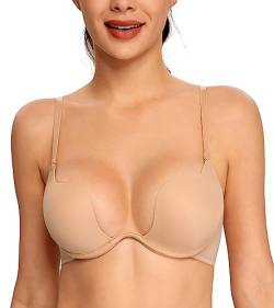 Lemorosy Damen U Bügel BH Komfort Push Up Tief V-Ausschnitt Gepolstert Rückenfrei Bra(Beige,70D) von Lemorosy