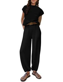 Lentta 2-teiliges Pullover-Set für Damen, Strickpullover, Oberteile, hohe Taille, Hose mit Taschen, Schwarz, M von Lentta