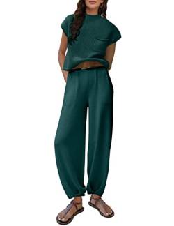Lentta Damen 2 Stück Pullover Sets Outfits Strick Pullover Tops Hohe Taille Hose mit Taschen, Dunkelgrün, L von Lentta