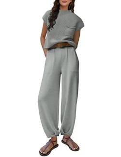 Lentta Damen 2 Stück Pullover Sets Outfits Strick Pullover Tops Hohe Taille Hose mit Taschen, GRAU, S von Lentta