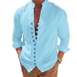 Lenugeo Baumwollehemd Leinenhemd für Herren, Leichtes Langarm Hemd Sommer, Sommerhemd Freizeithemd Strandhemd Stehkragenhemd Trachtenhemd, Henley Shirt Stehkragen Leinen | Blau L von Lenugeo