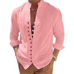 Lenugeo Baumwollehemd Leinenhemd für Herren, Leichtes Langarm Hemd Sommer, Sommerhemd Freizeithemd Strandhemd Stehkragenhemd Trachtenhemd, Henley Shirt Stehkragen Leinen | Rosa 2XL von Lenugeo