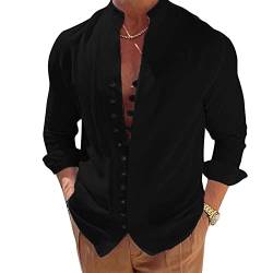 Lenugeo Baumwollehemd Leinenhemd für Herren, Leichtes Langarm Hemd Sommer, Sommerhemd Freizeithemd Strandhemd Stehkragenhemd Trachtenhemd, Henley Shirt Stehkragen Leinen | Schwarz 2XL von Lenugeo