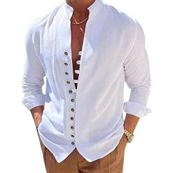 Lenugeo Baumwollehemd Leinenhemd für Herren, Leichtes Langarm Hemd Sommer, Sommerhemd Freizeithemd Strandhemd Stehkragenhemd Trachtenhemd, Henley Shirt Stehkragen Leinen | Weiß M von Lenugeo