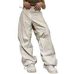 Lenugeo Cargohose Damen Baggy, Y2K Hip Hop Hose, Parachute Pants Track Fallschirmhose, High/Low Waist Vintage Streetwear, 90er Casual Freizeithose Jogginghose Sporthose | Beige von Lenugeo