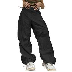 Lenugeo Cargohose Damen Baggy, Y2K Hip Hop Hose, Parachute Pants Track Fallschirmhose, High/Low Waist Vintage Streetwear, 90er Casual Freizeithose Jogginghose Sporthose | Schwarz von Lenugeo