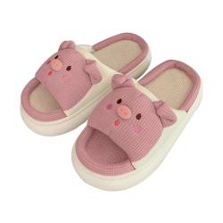 Lenugeo Cartoon Schwein-Hausschuhe Damen Herren, Kawaii Pig Rutschfeste Linen Slippers, Niedliche Kuschelige Stumme Haus Slides | Lila 36-37 EU von Lenugeo