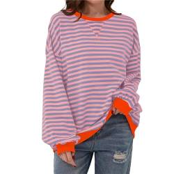 Lenugeo Dünne Gestreift Sweatshirt Damen Oversized Striped Shirt Casual T-Shirt Pullover Rundhals Langärmelig Lässig Lose Sweatshirt Y2K Shirt Top|Blau-Rosa,M von Lenugeo