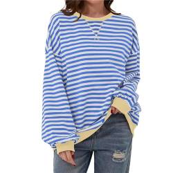Lenugeo Dünne Gestreift Sweatshirt Damen Oversized Striped Shirt Casual T-Shirt Pullover Rundhals Langärmelig Lässig Lose Sweatshirt Y2K Shirt Top|Hellblau-Weiß,XL von Lenugeo